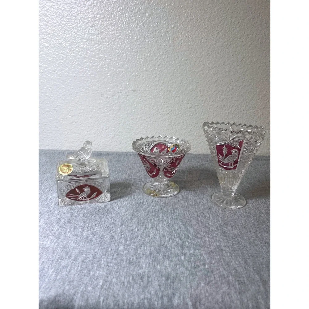 Bleikristall German Crystal Bird Set Trinket Box Vase Bowl Red Clear 3pc